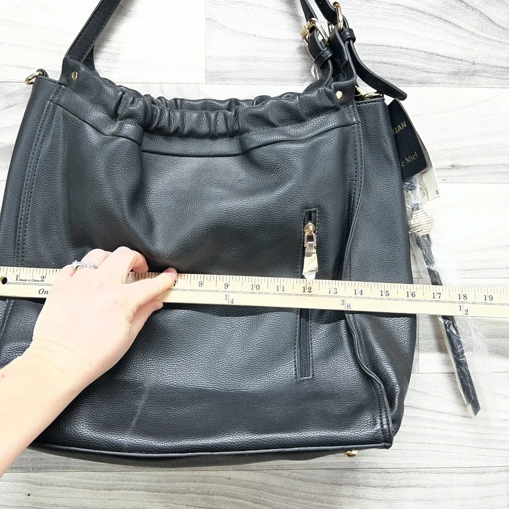 Vegan Le Miel Shoulder Bag Women's Black Beaded‎ Faux Leather Detachable Strap